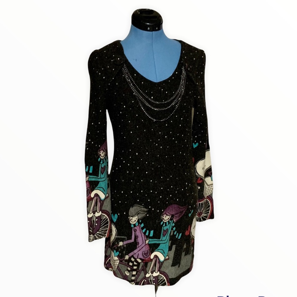 Sweater Dress with Girls on Bicycles in the Snow, Hearts saying “Love is”